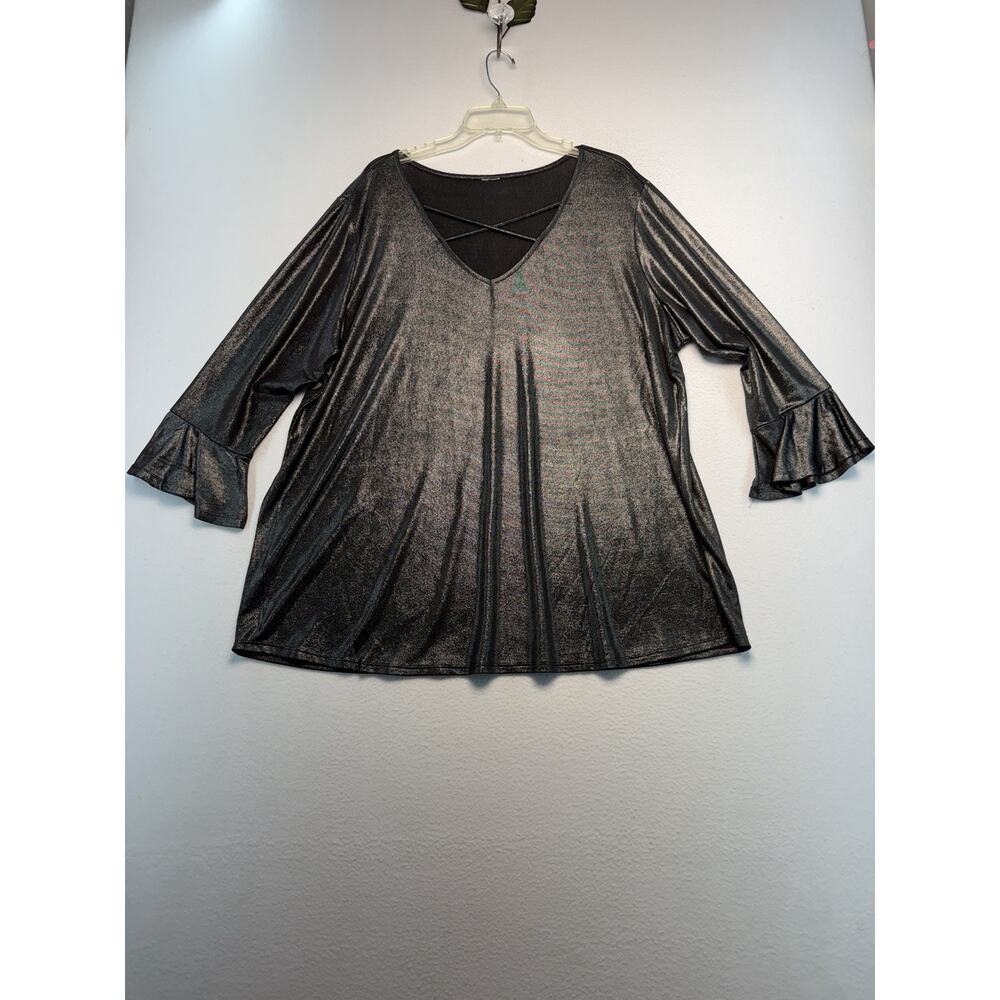 Women’s silver Black shiny 3/4 length Ruffle Sleeve Vneck top 2x WhimsicalGoth